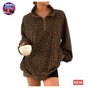 Leopard Print Oversized Sweatshirt Half Zip Drop Shoulder Pullover Chic Casual